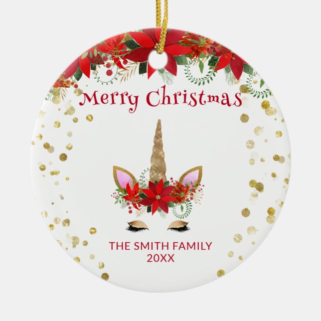 Photo Poinsettia Unicorn with Red Christmas Ceramic Ornament (Front)