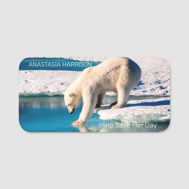 Photo Polar Bear Monogram Text Climate Change Cool Name Tag (Front)