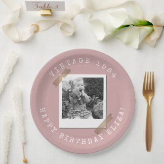 Photo Polaroid Vintage Birthday Dusty Pink Paper Plate