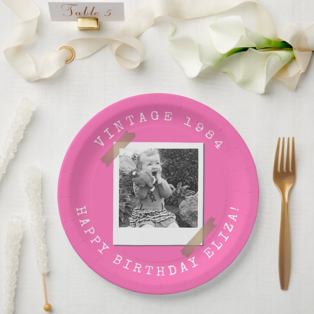 Photo Polaroid Vintage Hot Pink Birthday Paper Plate (Wedding)