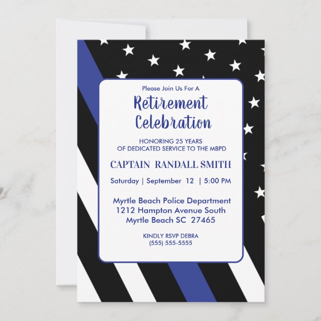 Photo Police Retirement Blue Line Flag Invitation (Front)