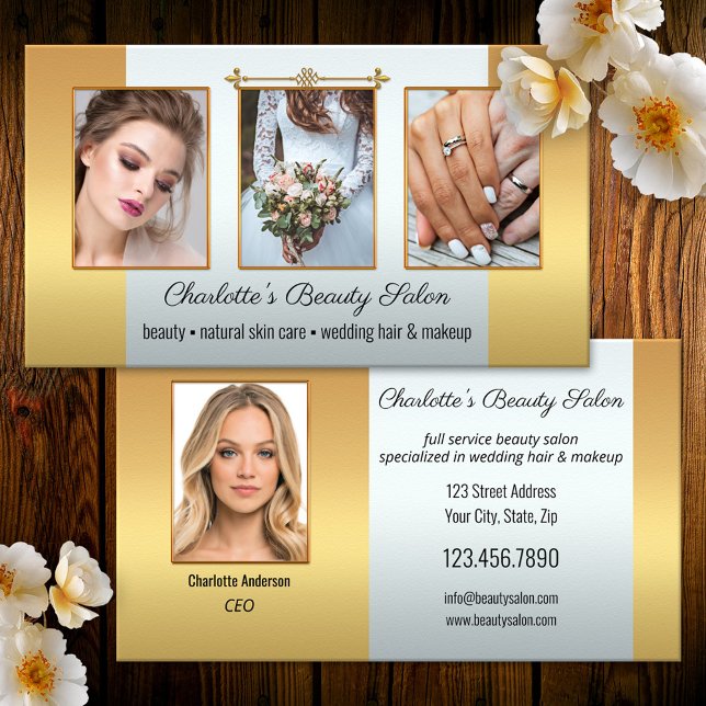 Photo Portfolio Beauty Salon Silver Gold Business Card (Creator Uploaded)