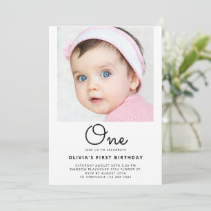 Photo Portrait One Script 1st Baby First Birthday Invitation