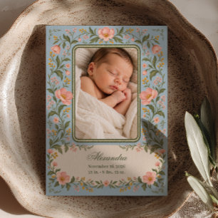 Photo Powder Blue Floral Birth Announcement