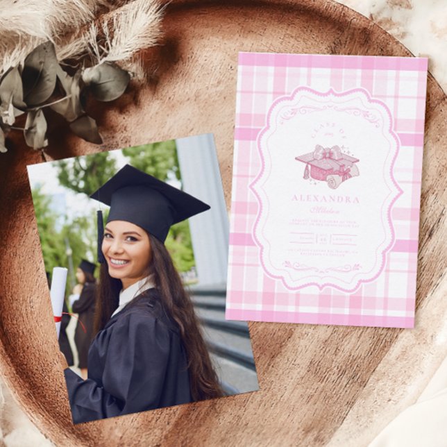 Photo Preppy Coquette Pink Bow Graduation Invitation (Creator Uploaded)