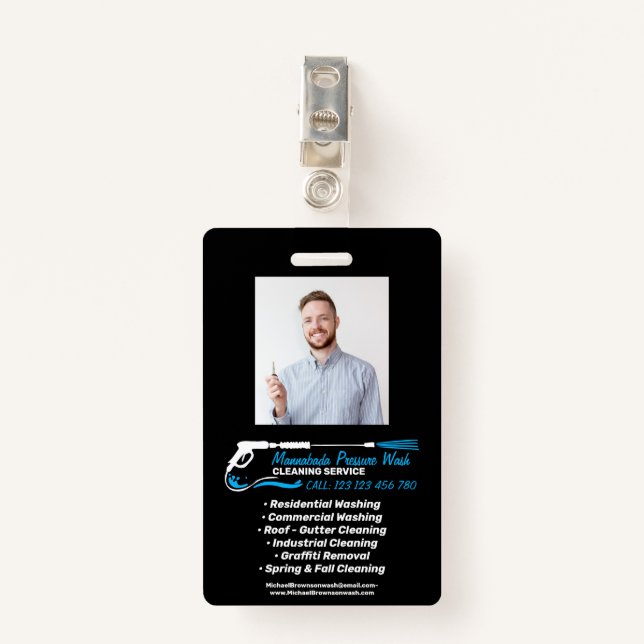 Photo Pressure Washing Power Black Super Cleaning ID Badge (Front with Clip)