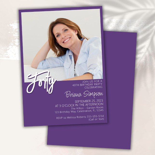 Photo Purple 40th Birthday Invitation (Creator Uploaded)