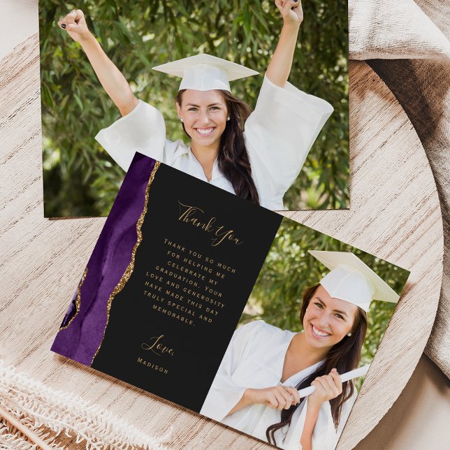 Photo Purple Agate Gold Script Dark Graduation Thank You Card (Creator Uploaded)