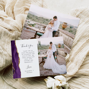 Photo Purple Agate Gold Script Wedding Thank You Card