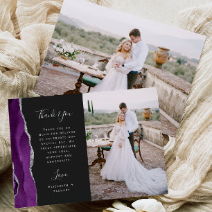 Photo Purple Agate Silver Dark Script Wedding Thank You Card