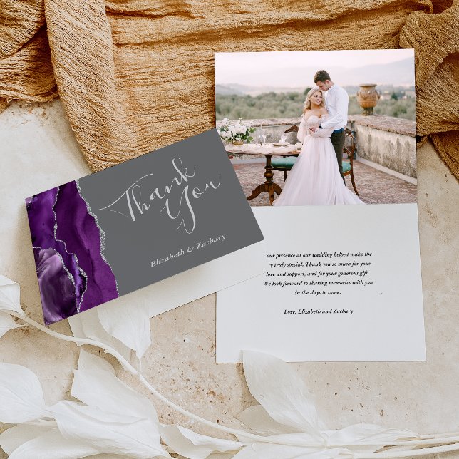Photo Purple Agate Silver Grey Wedding Thank You Card (Creator Uploaded)