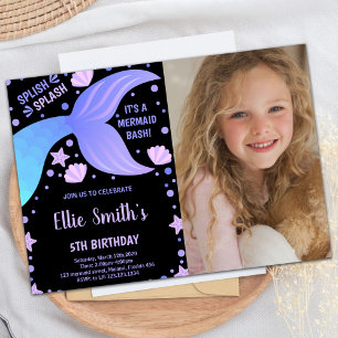 Photo Purple Blue Tail Shell Mermaid Invitations