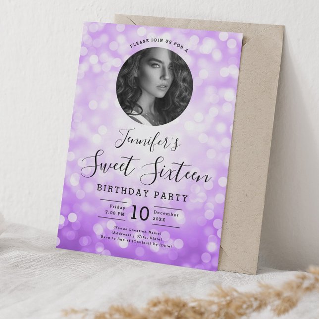 PHOTO Purple Bokeh Lights Sweet 16 Party Invitation (PHOTO Purple Bokeh Lights Sweet 16 Party Invitation)