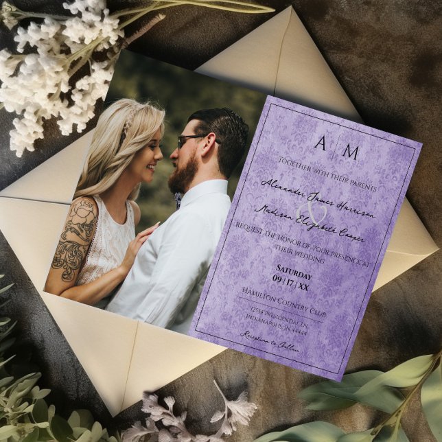 Photo Purple Damask Monogram Wedding Invitation (Purple Photo Damask Monogram Wedding Invitation)