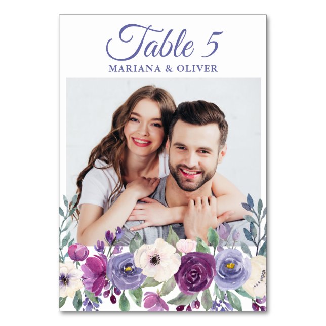 Photo Purple Fuchsia Burgundy Floral Wedding Table Number (Front)