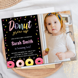 Photo Purple Glitter Black Pink Doughnut Birthday Invitation