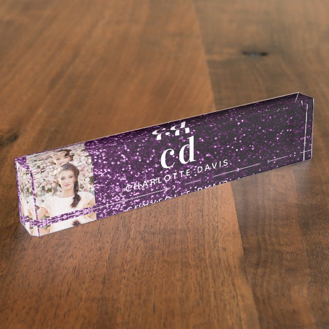 Photo purple glitter monogram initials nameplate (Side)