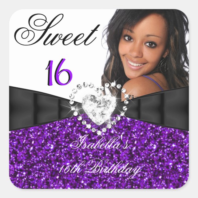 Photo Purple Glitter Silver Sweet 16 16th Birthday Square Sticker (Front)