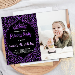 Photo Purple Glitter White Princess Birthday Invitation
