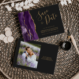 Photo Purple Gold Agate Dark Wedding Save the Date Invitation