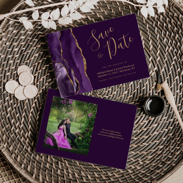 Photo Purple Gold Agate Plum Wedding Save the Date (Creator Uploaded)