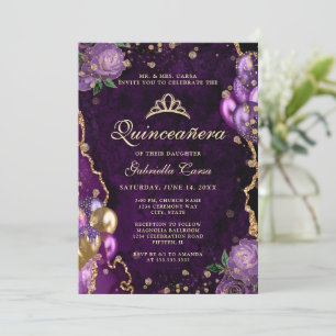 Photo Purple Gold Floral Agate Quinceanera  Invitation
