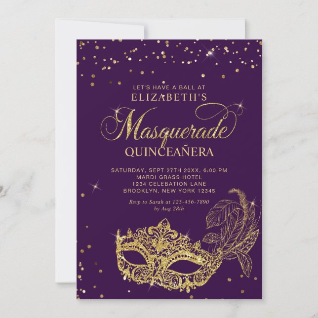 Photo Purple Gold Glitter Masquerade Quinceañera Invitation (Front)