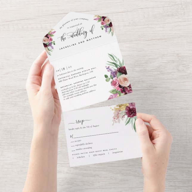 Photo, Purple Mauve Floral Wedding Tear Off RSVP All In One Invitation (Tearaway)