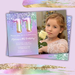 Photo Purple Pink Glitter 11th Birthday Party Invitation