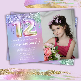 Photo Purple Pink Glitter 12th Birthday Party Invitation
