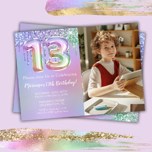 Photo Purple Pink Glitter 13th Birthday Party Invitation