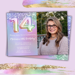 Photo Purple Pink Glitter 14th Birthday Party Invitation