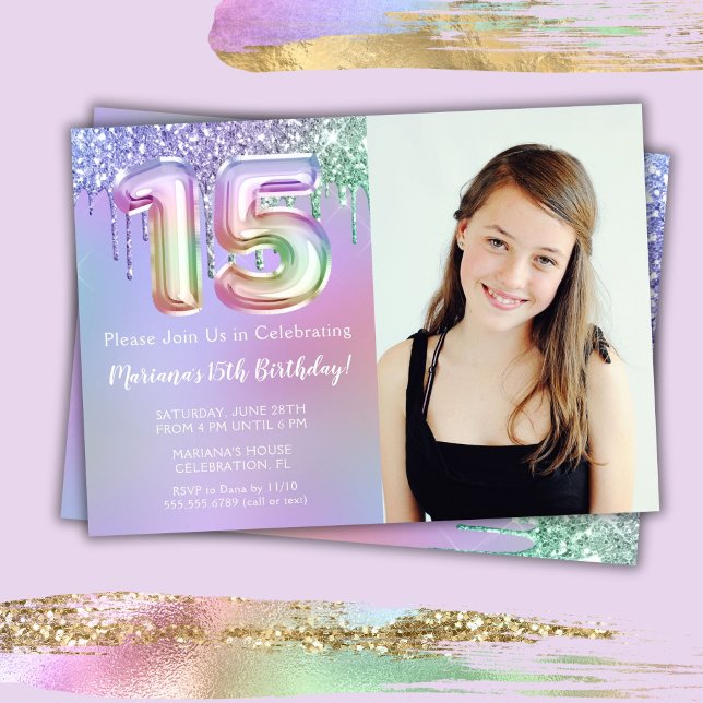 Photo Purple Pink Glitter 15th Birthday Party Invitation (Creator Uploaded)