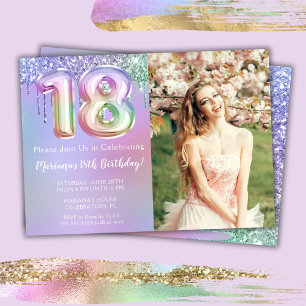 Photo Purple Pink Glitter 18th Birthday Party Invitation