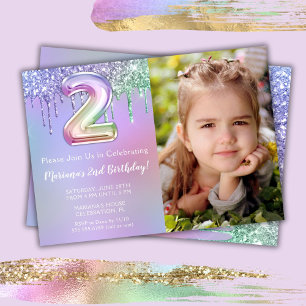 Photo Purple Pink Glitter 2nd Birthday Party  Invitation