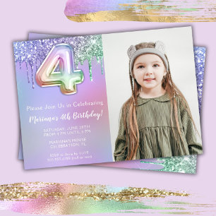 Photo Purple Pink Glitter 4th Birthday Party Invitation