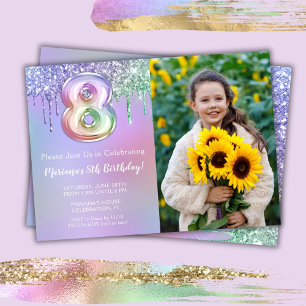 Photo Purple Pink Glitter 8th Birthday Party Invitation
