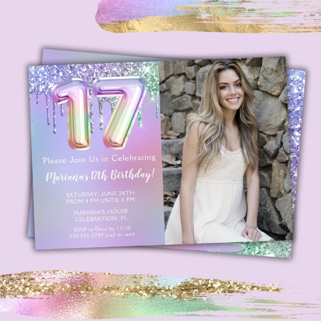 Photo Purple Pink Glitter Drips 17th Birthday Invitation (Creator Uploaded)