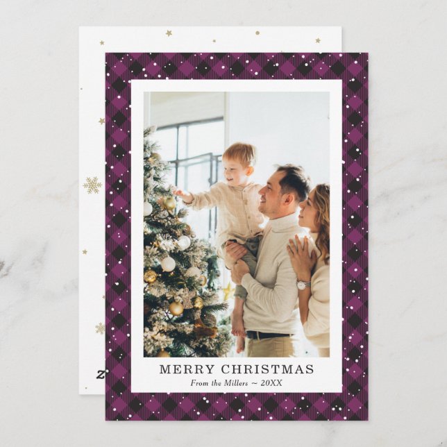 Photo Purple Plaid Snow Merry Christmas Card (Front/Back)
