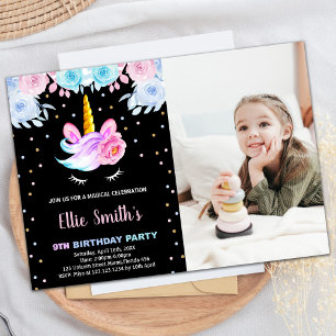 Photo Purple Rainbow Pink Unicorn Birthday Invitation