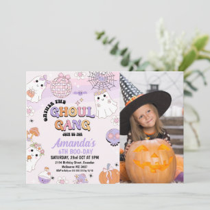 Photo Purple Retro Ghoul Gang Halloween Birthday Invitation