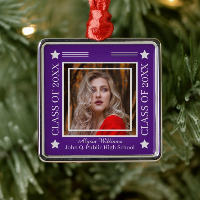 Photo Purple | Silver Class of 2024 Graduation Metal Ornament (Tree)