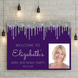 Photo Purple Silver Glitter 40th Birthday Welcome Poster