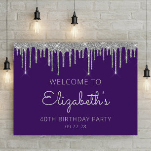 Photo Purple Silver Glitter 40th Birthday Welcome Poster