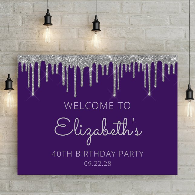 Photo Purple Silver Glitter 40th Birthday Welcome Poster (Creator Uploaded)