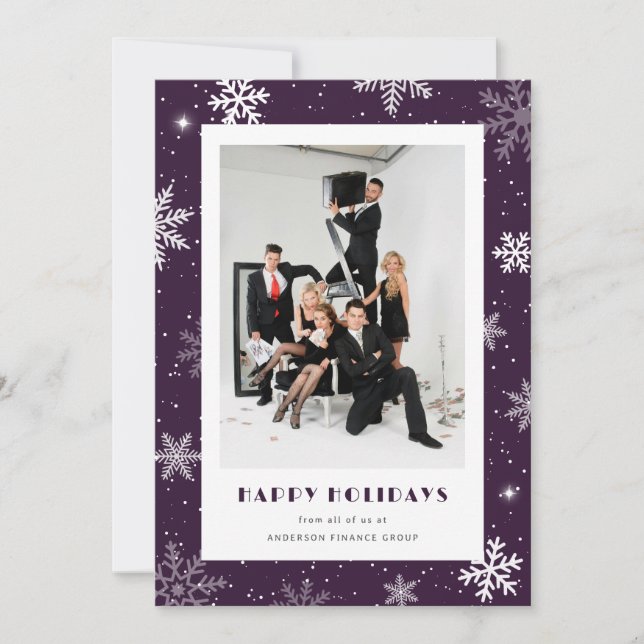 Photo Purple Snowflake Modern Corporate Business Holiday Card (Front)
