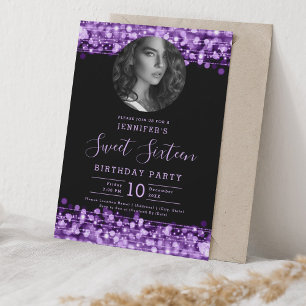 PHOTO Purple Sparkles Sweet 16 Birthday Party Invitation