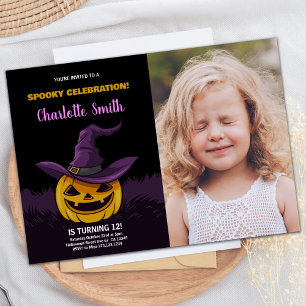 Photo Purple Spooky Black Halloween Birthday Invitation