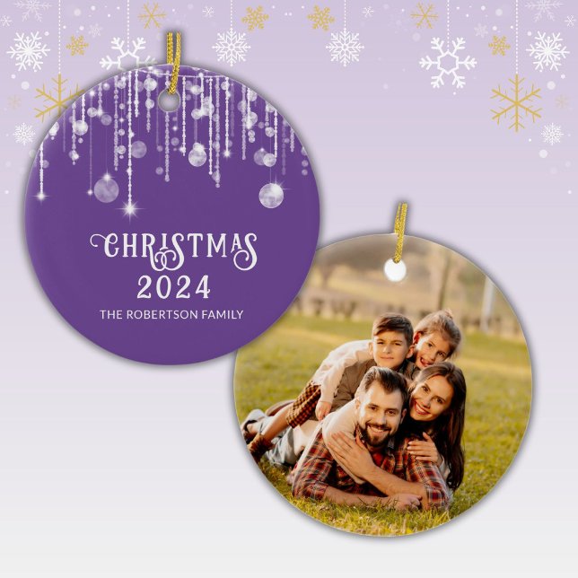 Photo Purple String Lights Christmas Party Ceramic Ornament (Creator Uploaded)