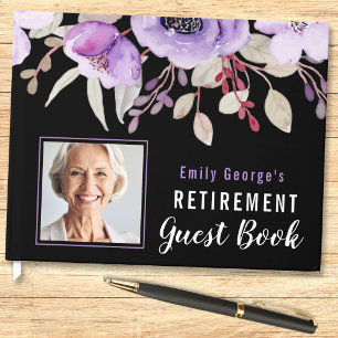 Photo Purple Watercolor Floral Black Retirement Guest Book